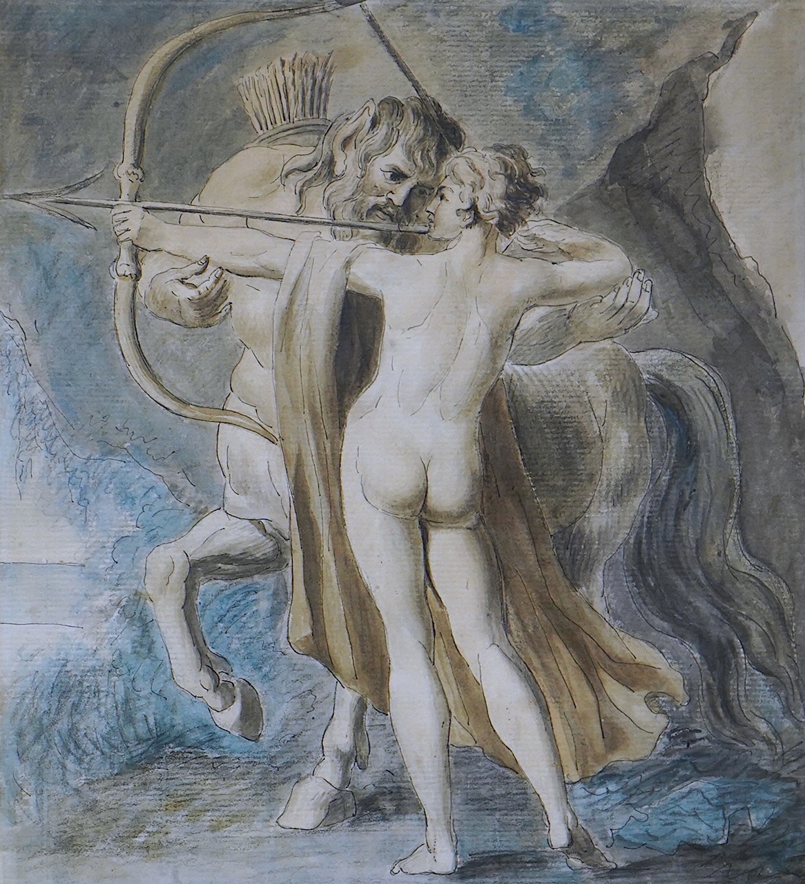 Circle of Giovanni Battista Cipriani (Italian, 1727-1785), ink and watercolour on paper, The Education of Achilles. Preparatory study for the painting of Chiron instructing Achilles with the bow, painted for an ante-room